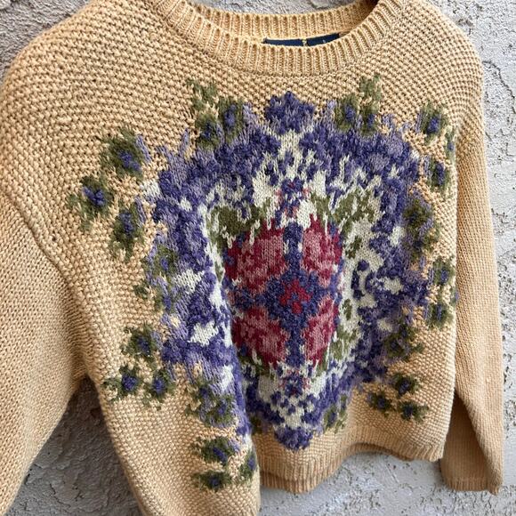 Vintage LizSport Cropped Hand Knit Floral Sweater Size Women’s Small - Picture 4 of 5